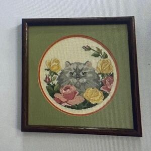 Gray Persian Cat Cross Stitch Picture Matted Framed Floral Roses Cottagecore New